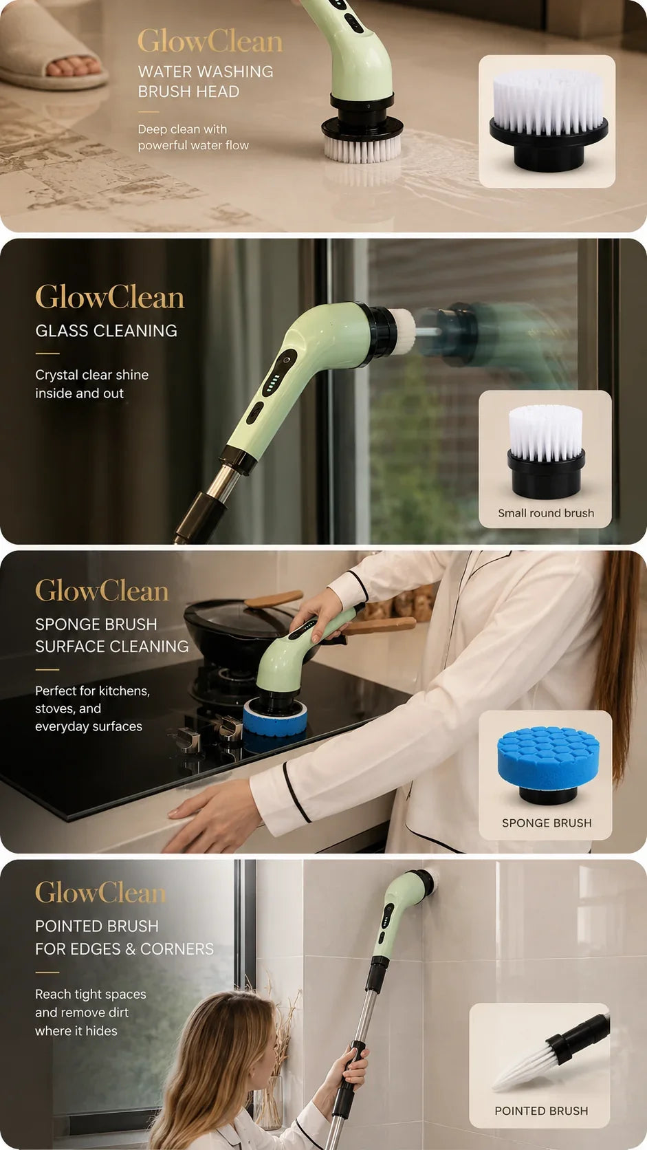 GlowClean electric scrubbing brush set in light green with various brush heads for glass, surfaces and corners.