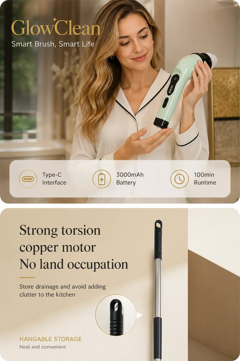 Woman holding a light green GlowClean electric cleaning brush with Type-C charging and long battery life.