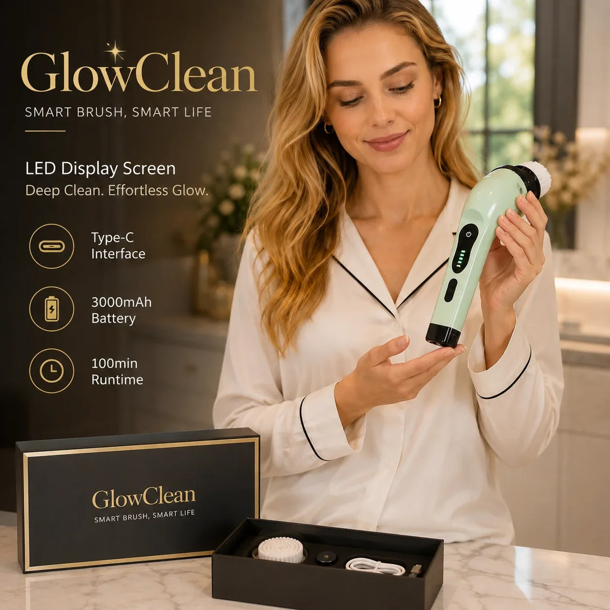 A woman holding a mint green GlowClean facial cleansing brush with an LED display and its black gift box.