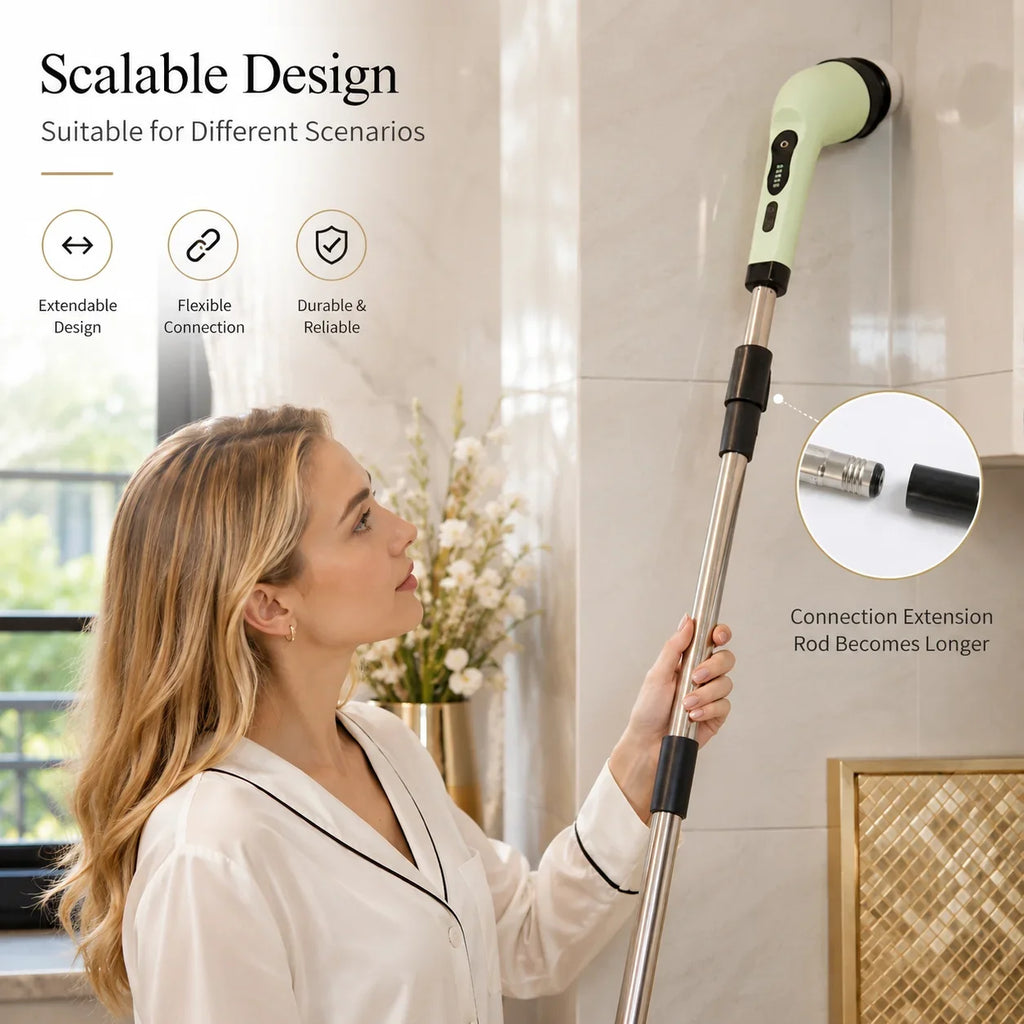 Woman using a light green and stainless steel extendable electric cleaning brush in a bathroom.