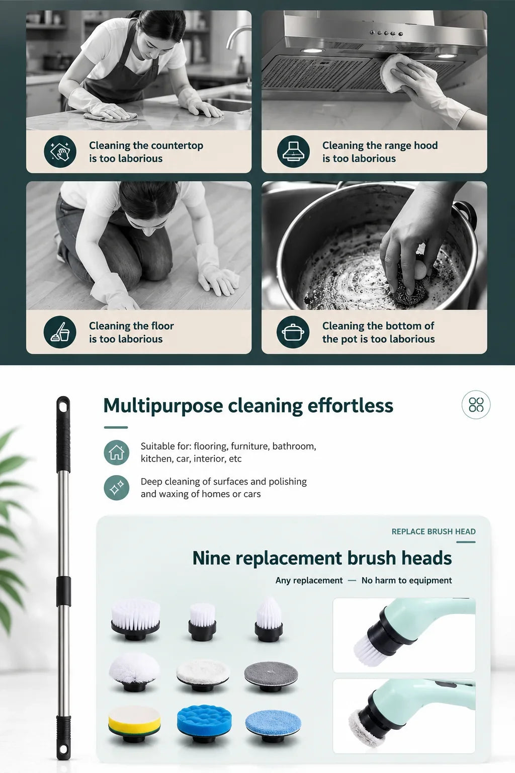 GetVelqo multipurpose electric cleaning brush set with nine interchangeable heads for home and car scrubbing.
