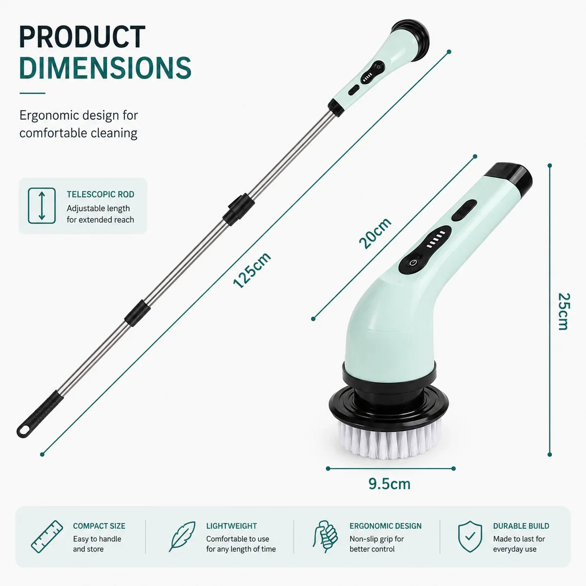 GetVelqo light blue electric spin scrubber with an adjustable telescopic rod and dimensions for home cleaning.