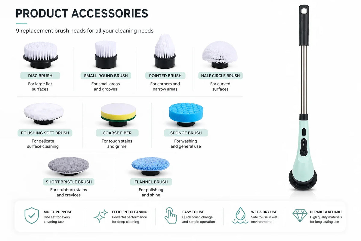 Nine interchangeable cleaning brush heads and a cordless electric spin scrubber for versatile home cleaning.