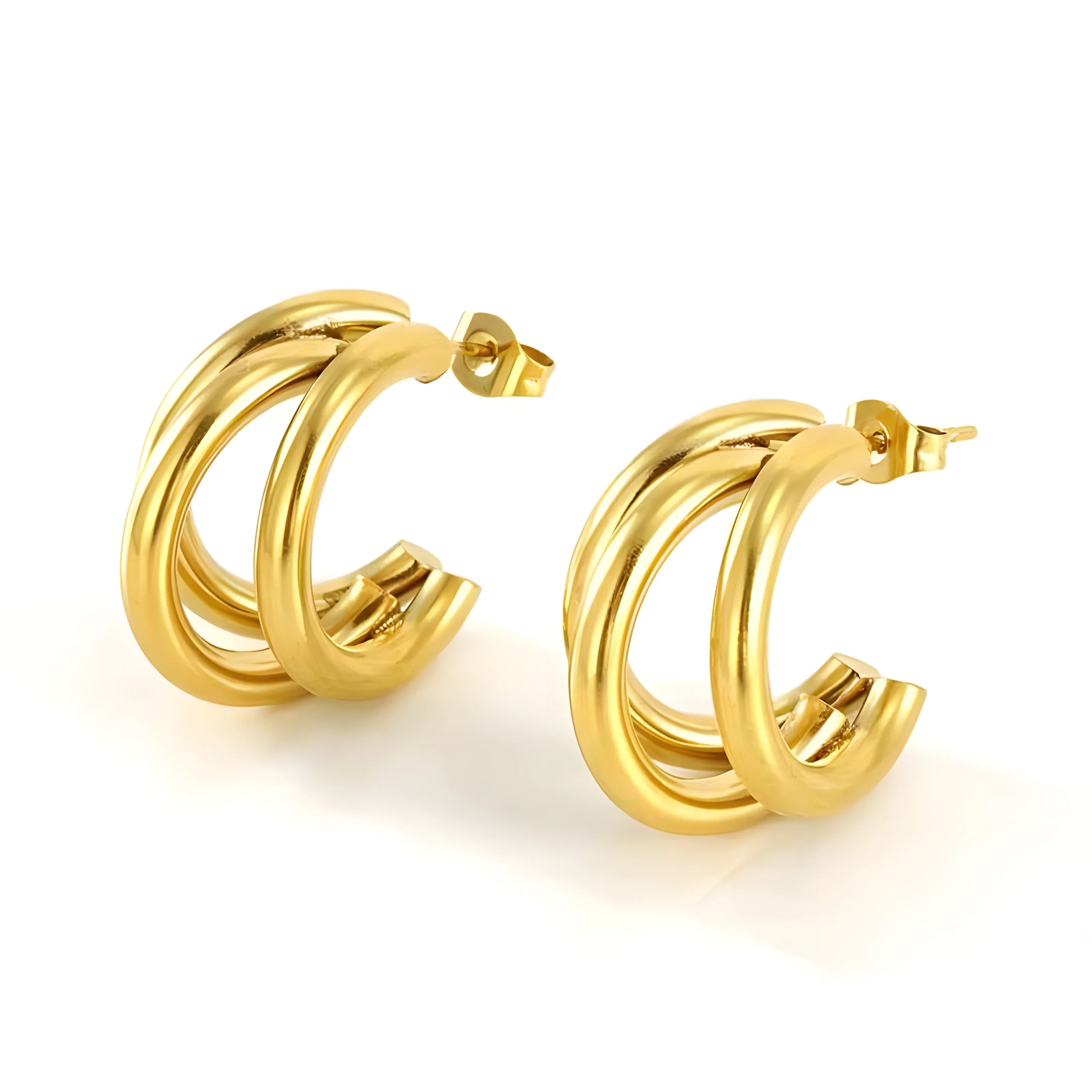 Gold triple hoop earrings, minimalist style, polished finish, everyday wear