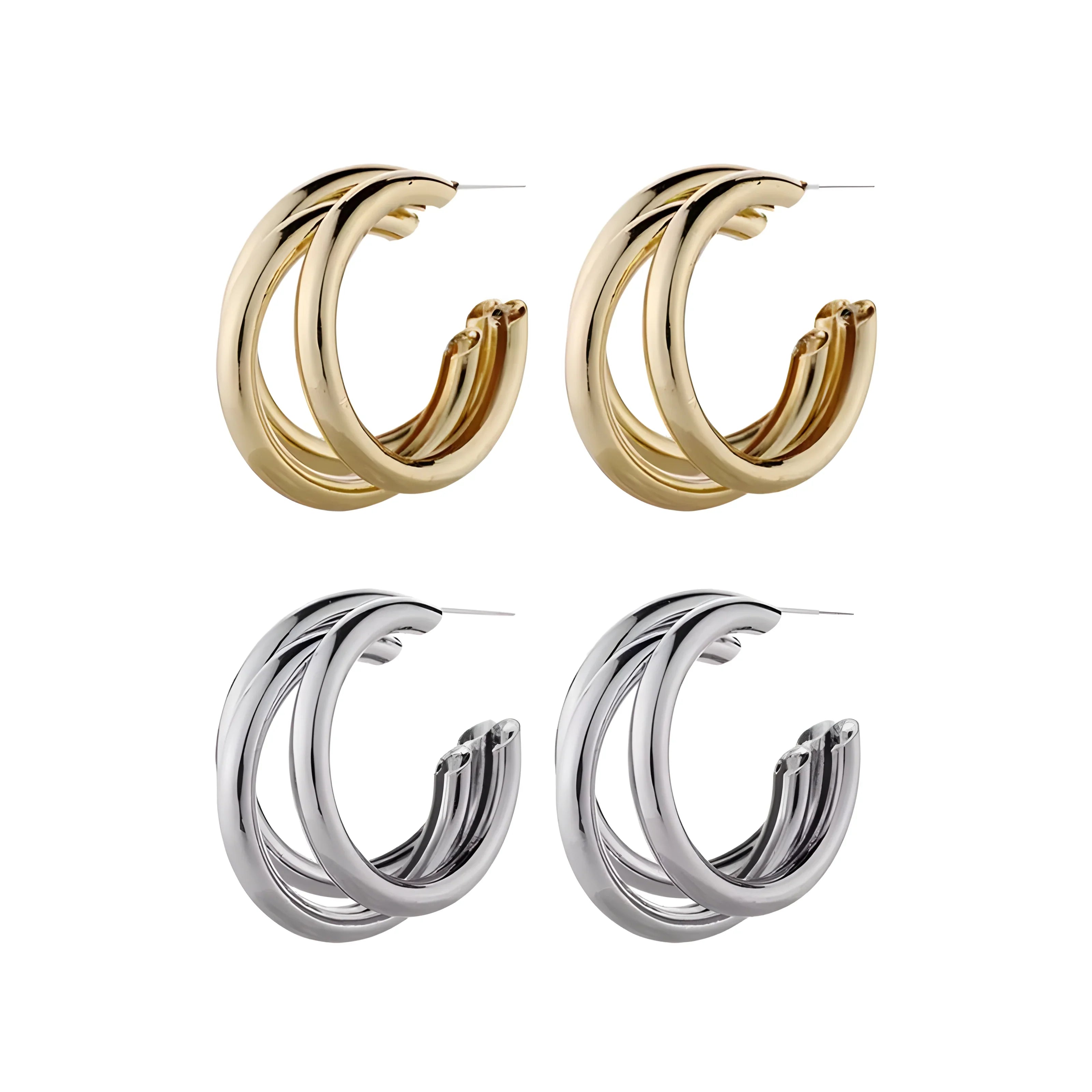Gold and silver triple hoop earrings, minimalist style, polished metal, everyday wear