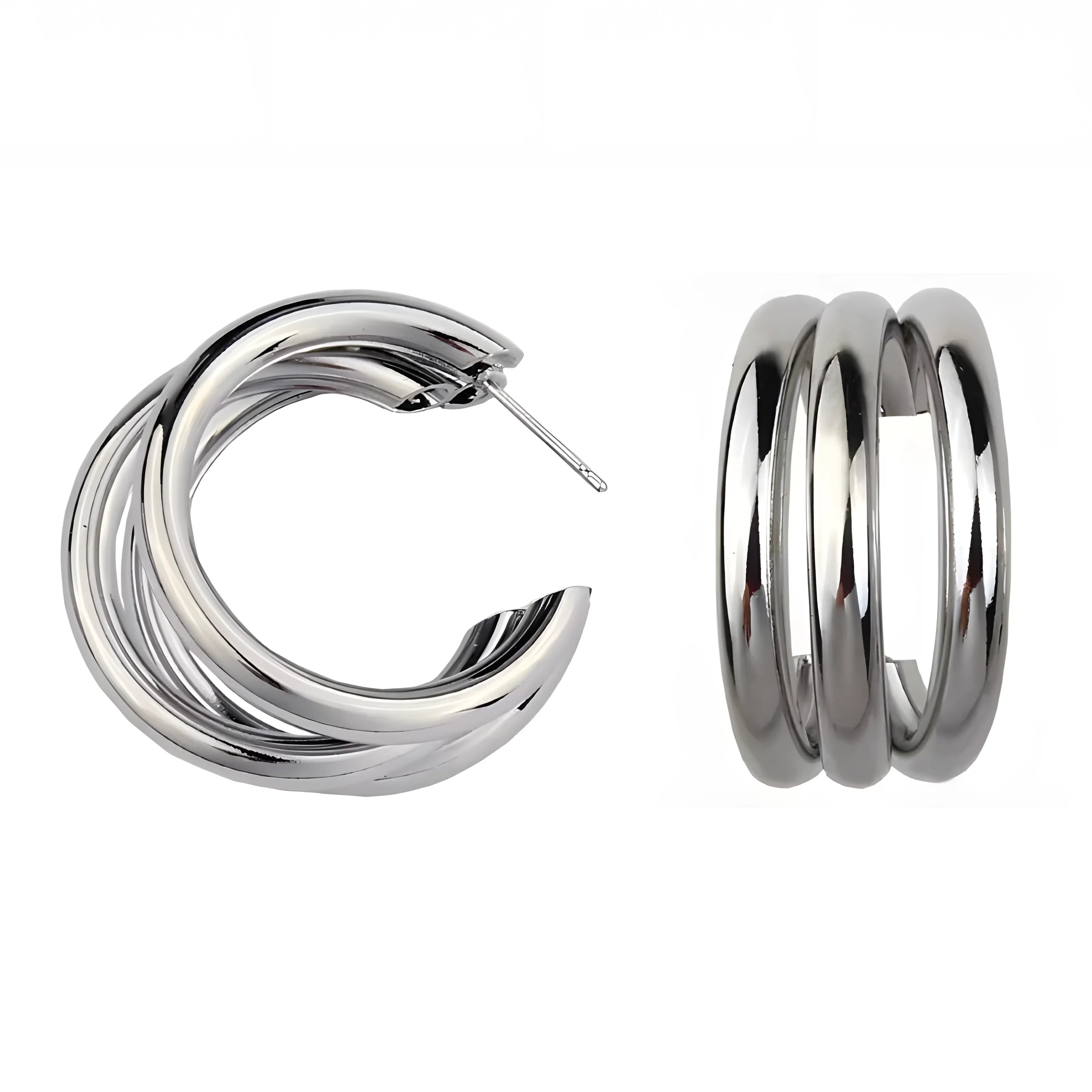 Silver triple hoop earrings, minimalist style, polished metal, modern design