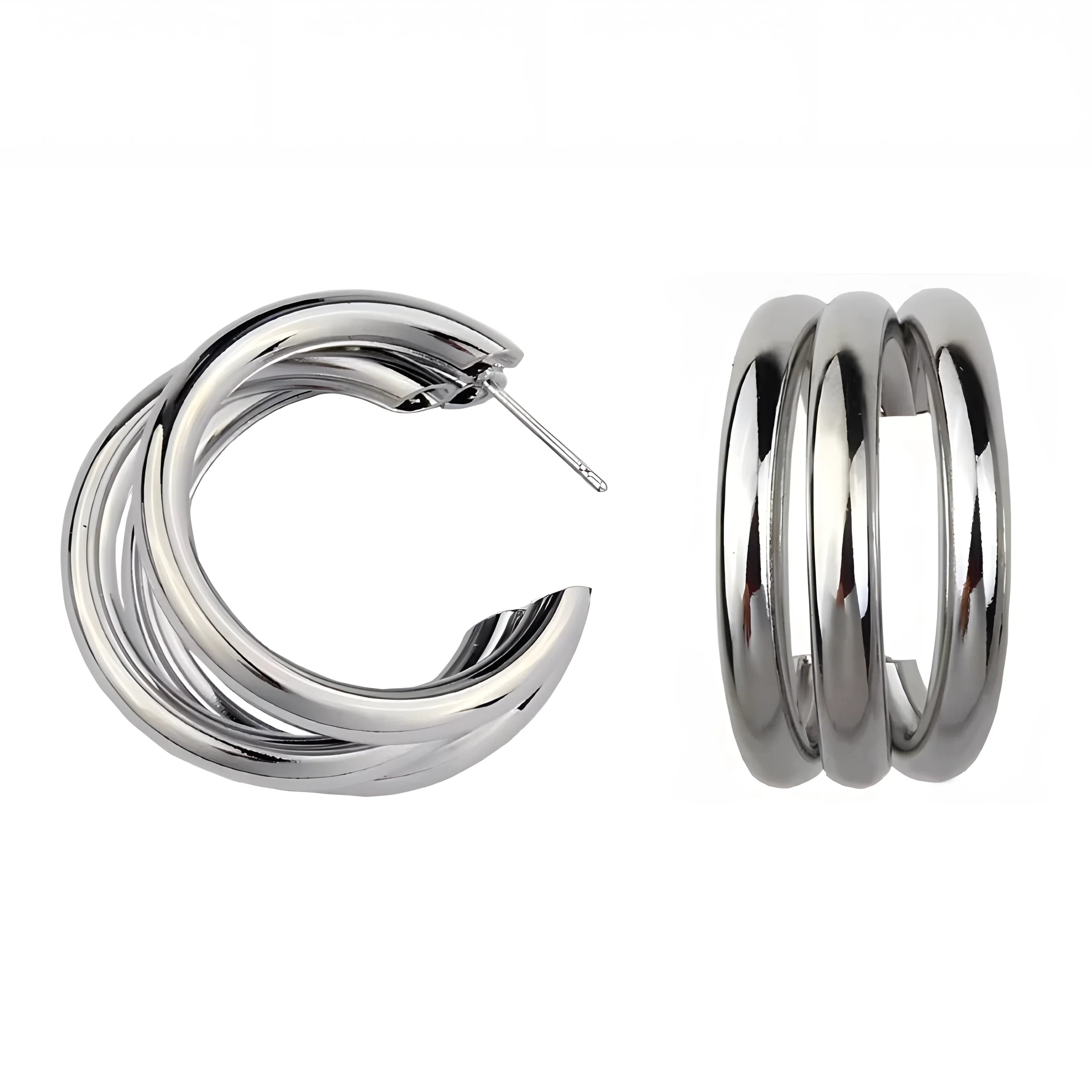 Silver hoop earrings with intertwined design, modern minimalist style, polished finish