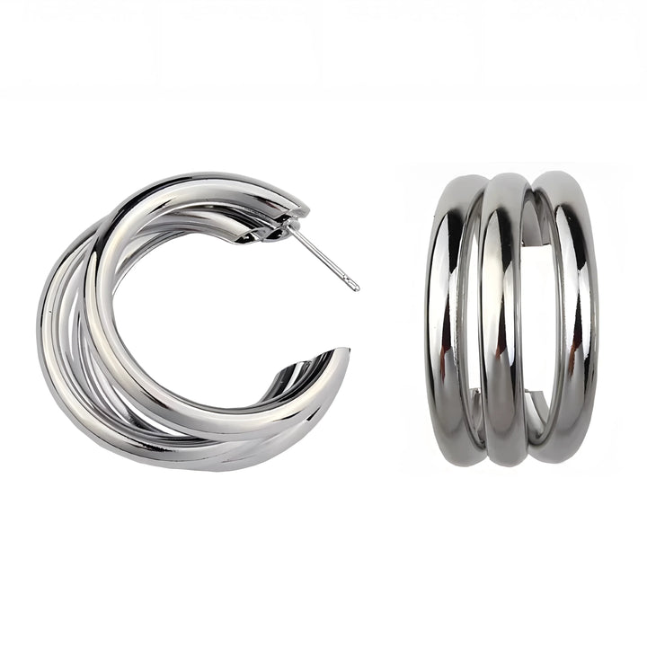 Silver hoop earrings with intertwined design, modern minimalist style, polished finish