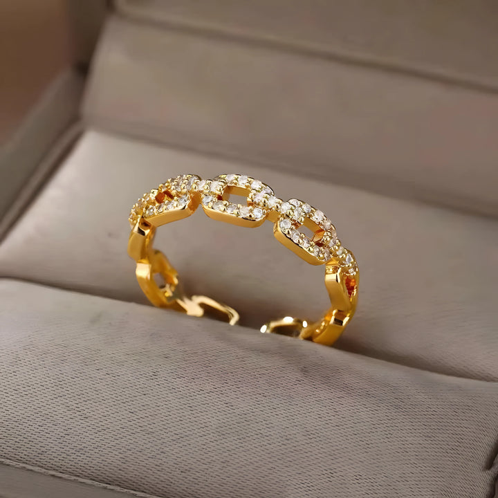 Gold Link Ring, gold ring with chain link design and clear stones, modern minimal jewelry style