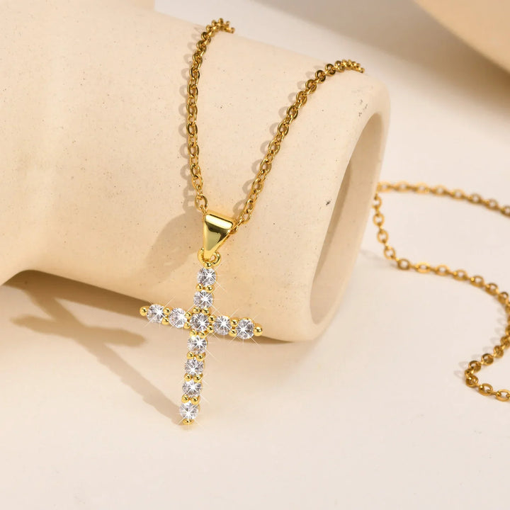 Gold cross necklace with clear crystals, minimal style pendant on chain