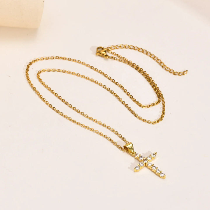 Gold cross necklace with clear crystals, minimalist style, delicate chain, everyday wear