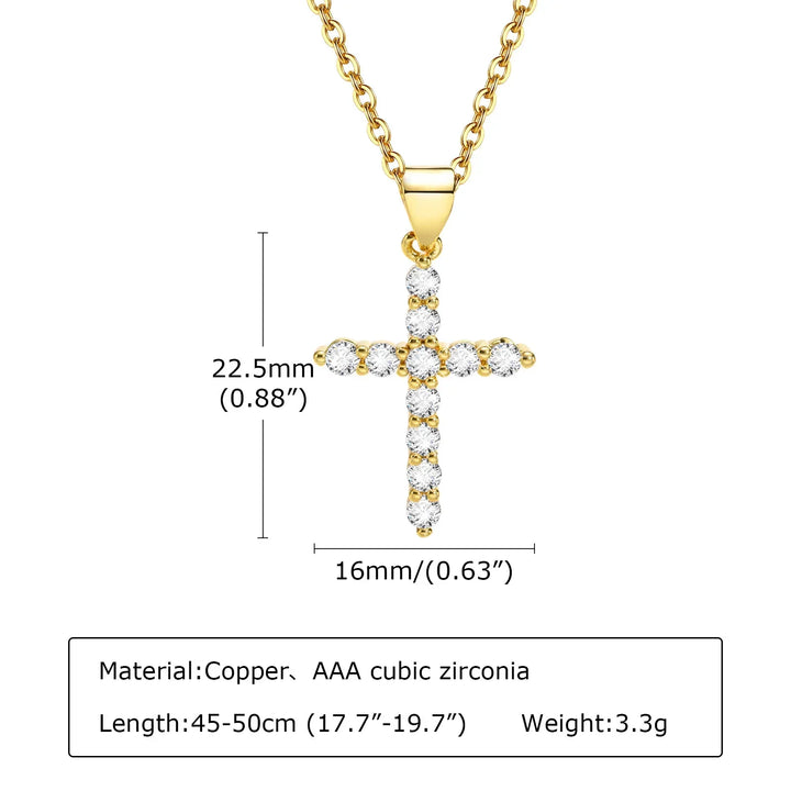 Gold cross necklace with AAA cubic zirconia, minimal style, copper base, 22.5mm pendant