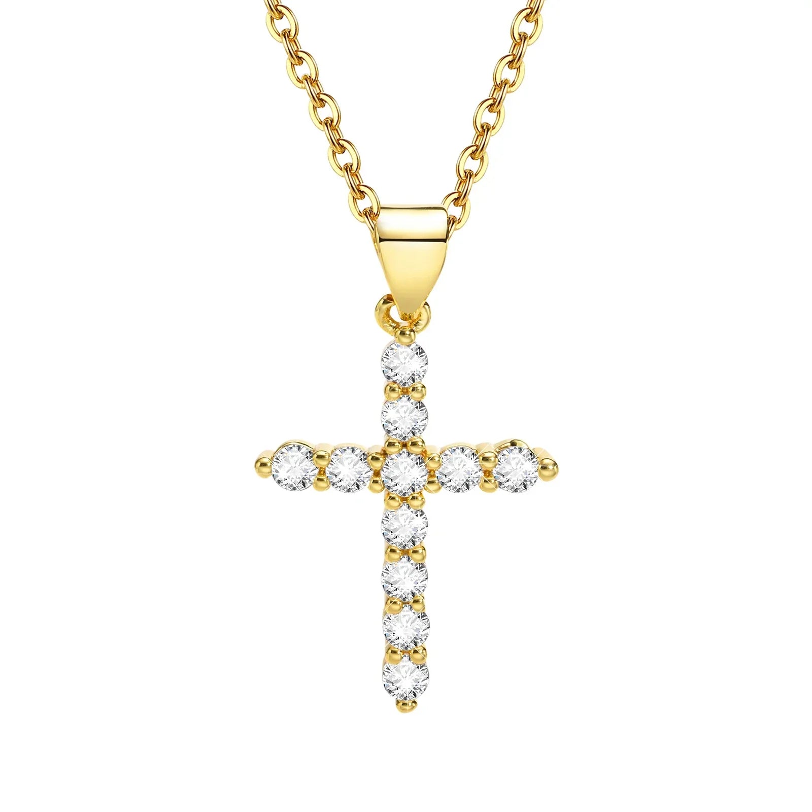 Gold cross necklace with clear cubic zirconia stones, minimal style pendant on chain