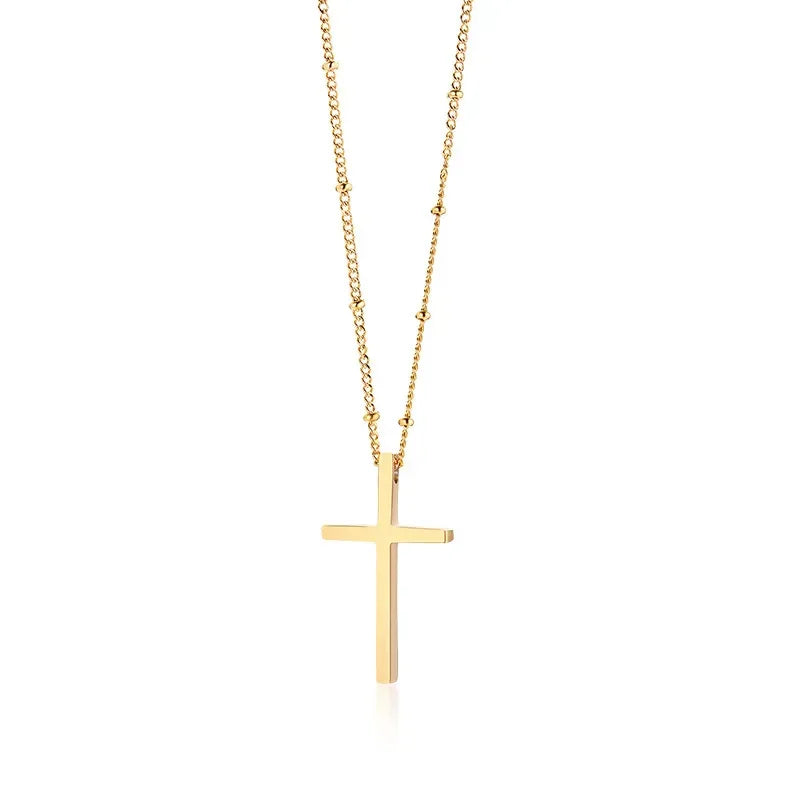 Gold cross necklace with beaded chain, minimalist style, everyday wear
