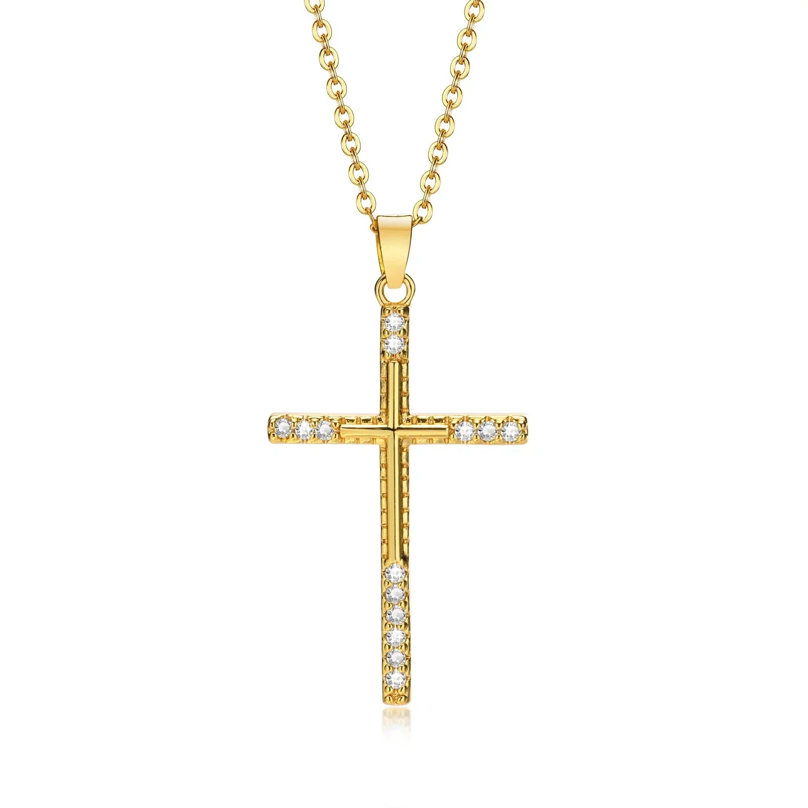 Gold cross necklace with cubic zirconia, minimalist style, everyday wear
