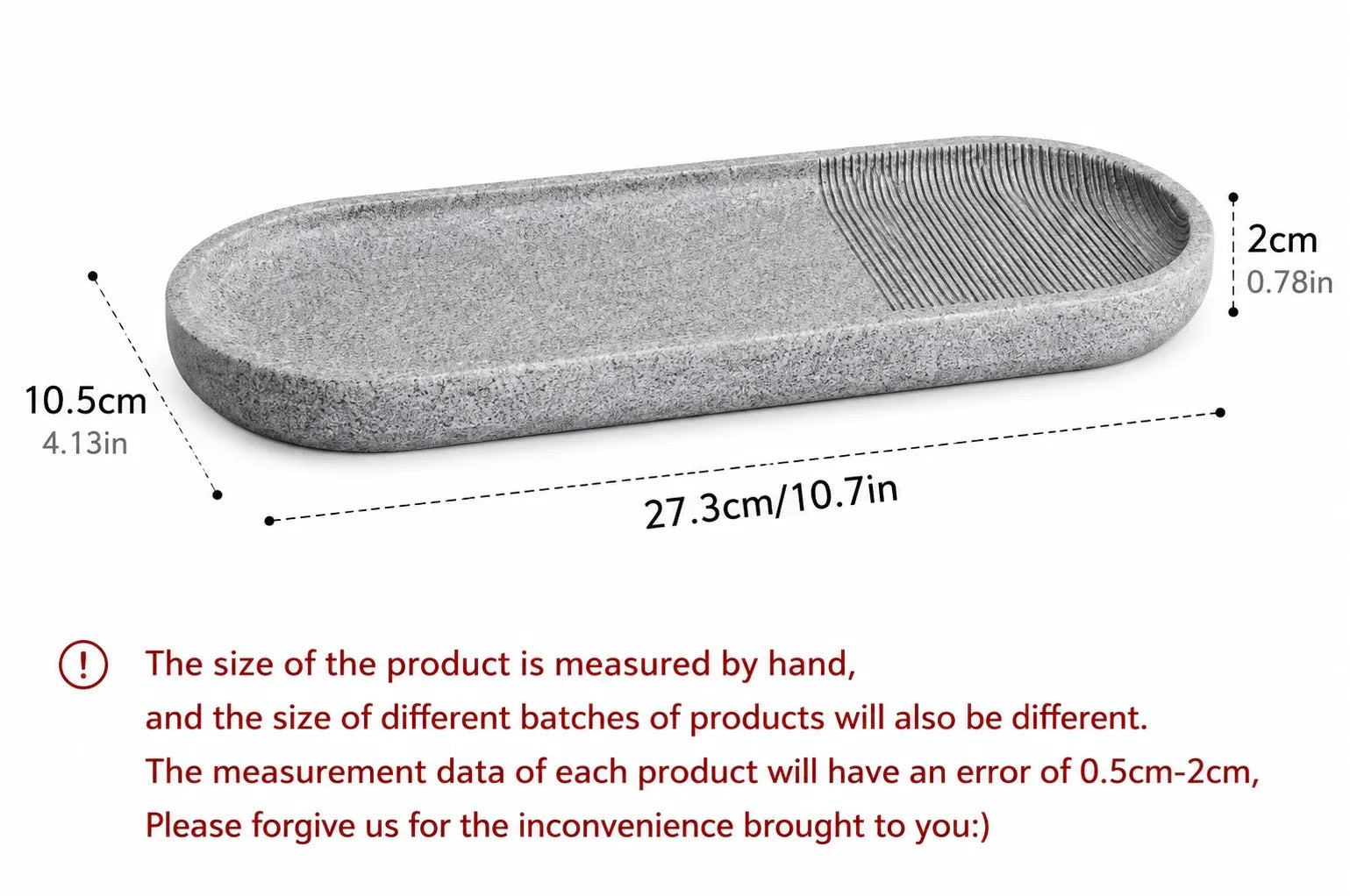 Gray textured oval tray with ridged section for kitchen or bathroom organization