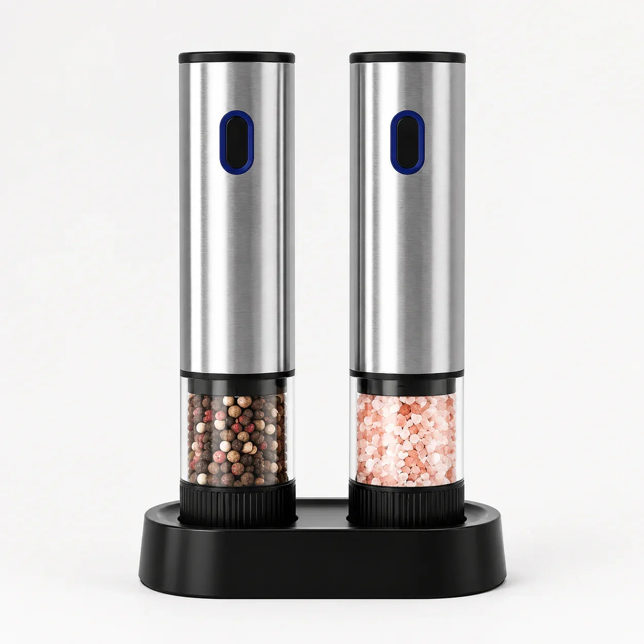 Stainless steel electric salt and pepper grinders with clear bases on black stand