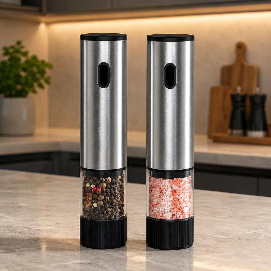 Stainless steel salt and pepper grinders with clear bases, black accents, for kitchen seasoning