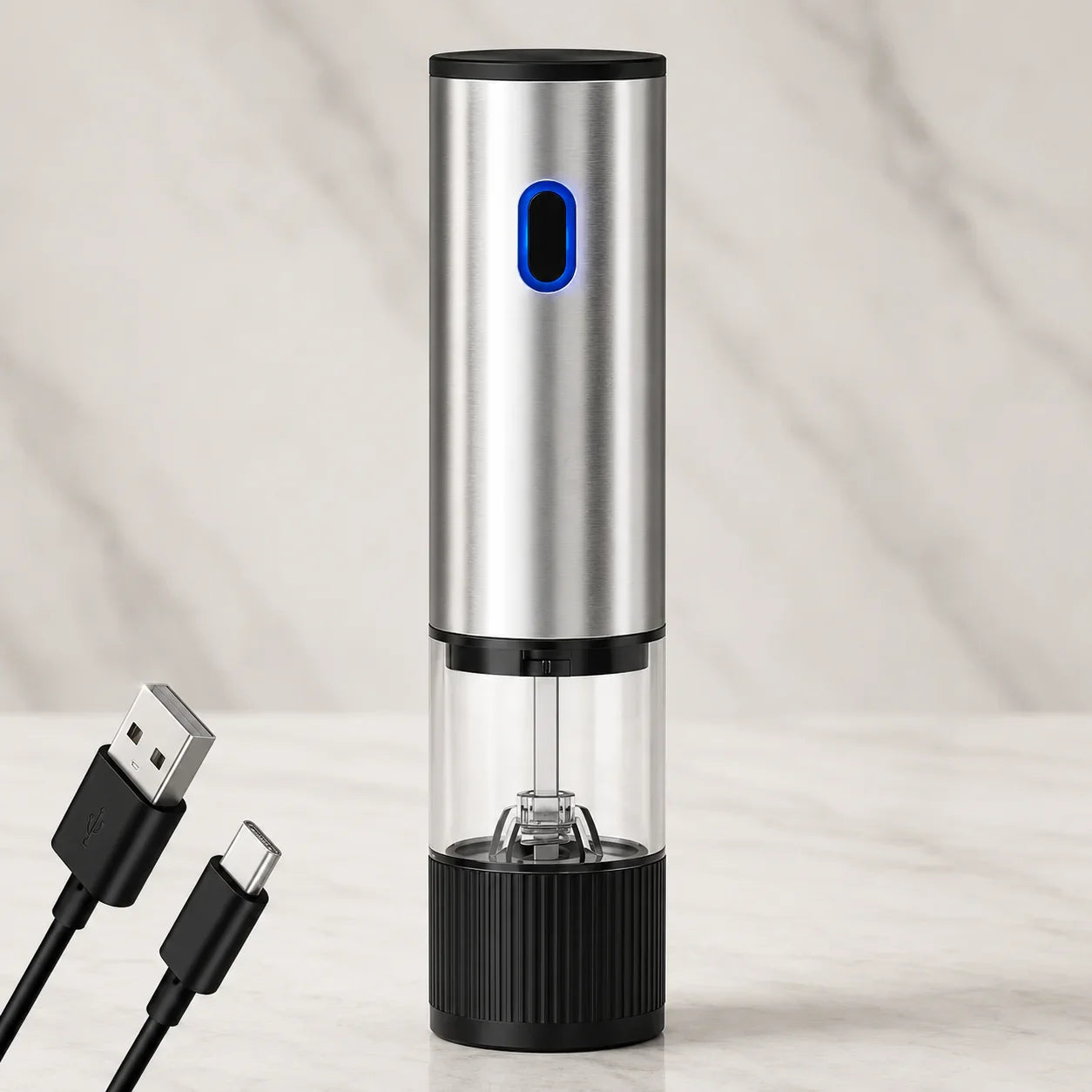 Stainless steel electric wine opener with blue LED, USB charging cable, for kitchen use