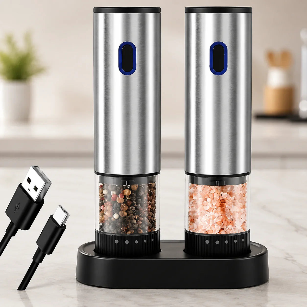 Stainless steel electric salt and pepper grinders with USB charging, clear bases showing pink salt and peppercorns