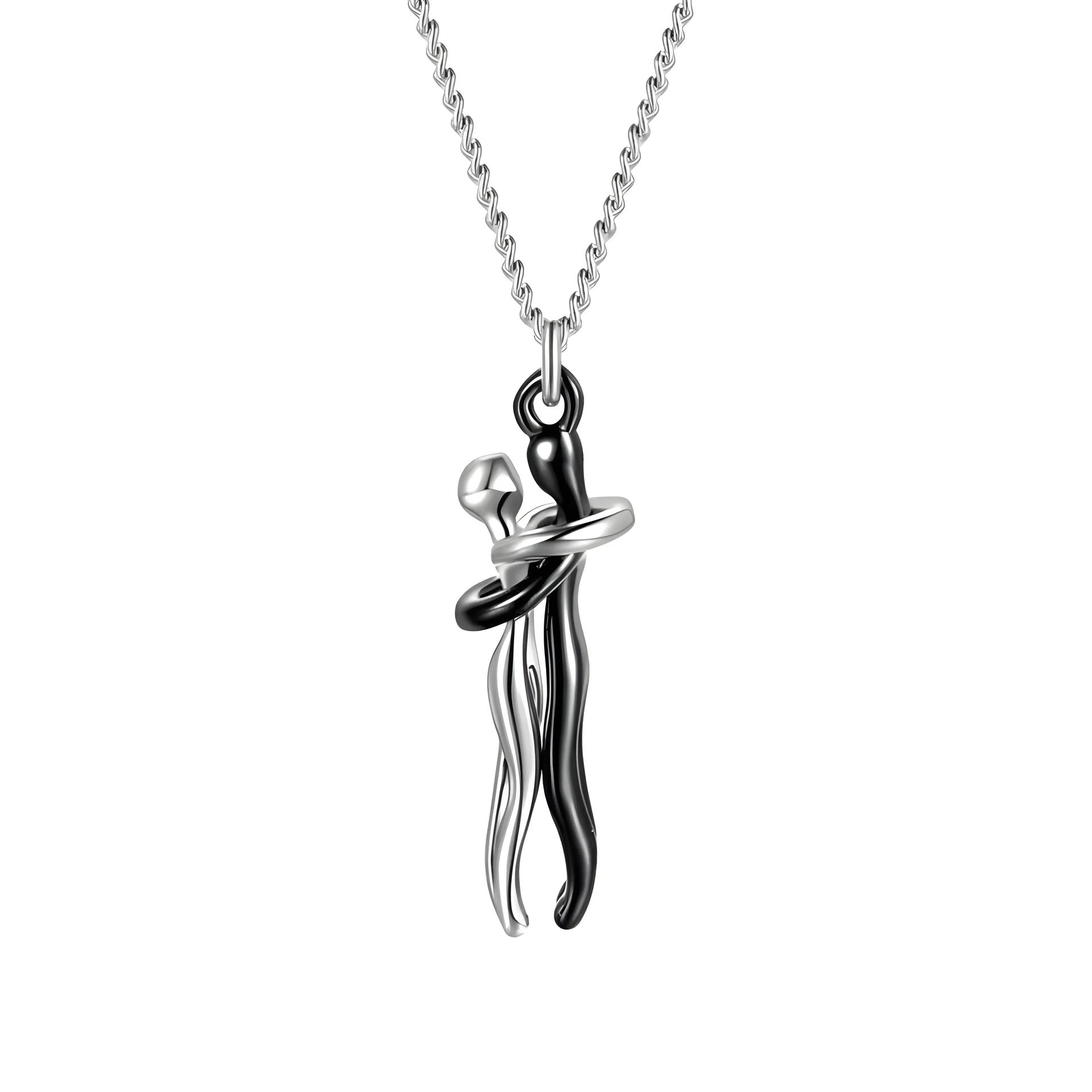 Silver and black minimalist pendant necklace with intertwined design, elegant everyday jewelry
