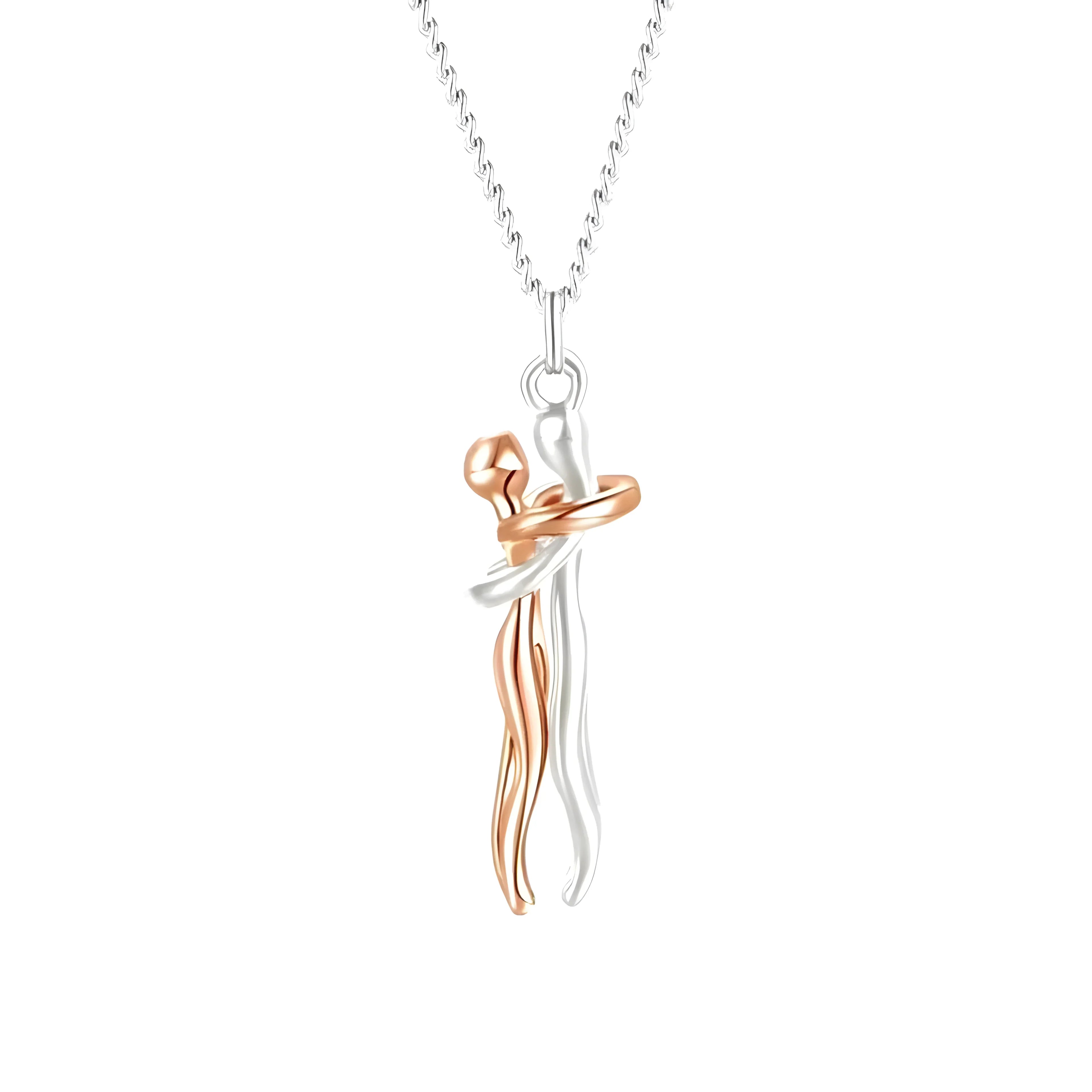 Infinity Pendant Necklace, two-tone gold and silver metal, minimalist couple design jewelry.