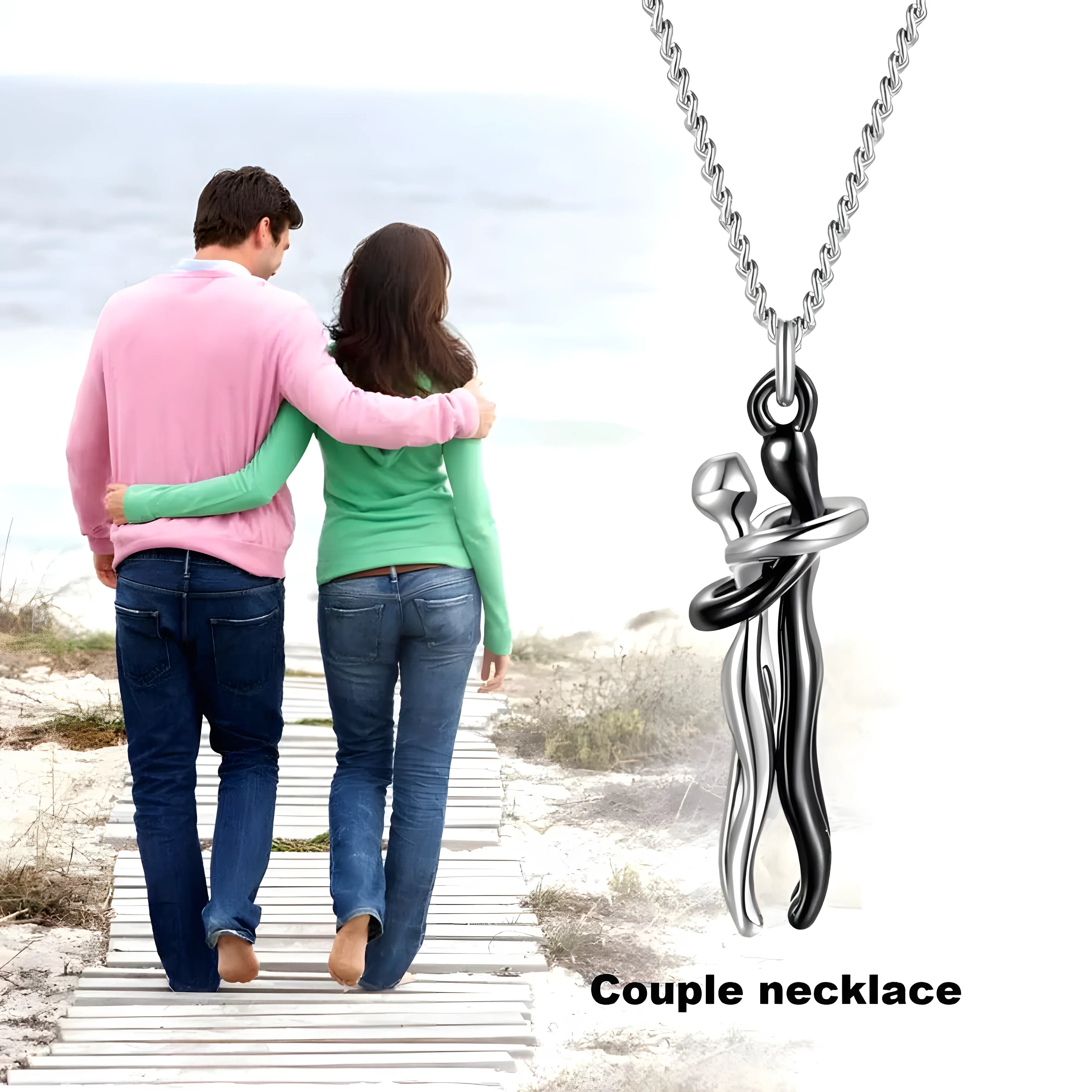 Couple necklace with silver and black intertwined figures, minimalist design for everyday wear