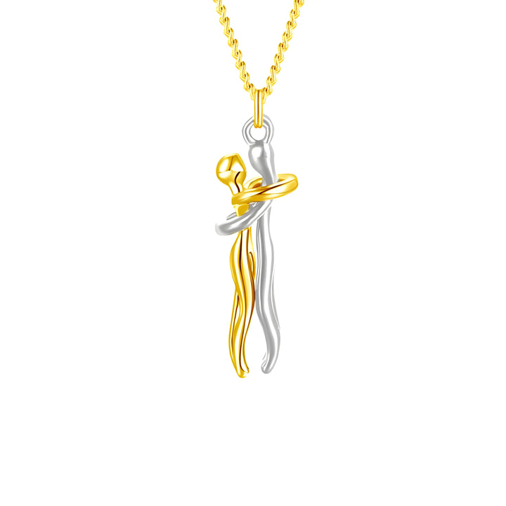 Gold and silver two-tone pendant necklace with intertwined design, minimal style