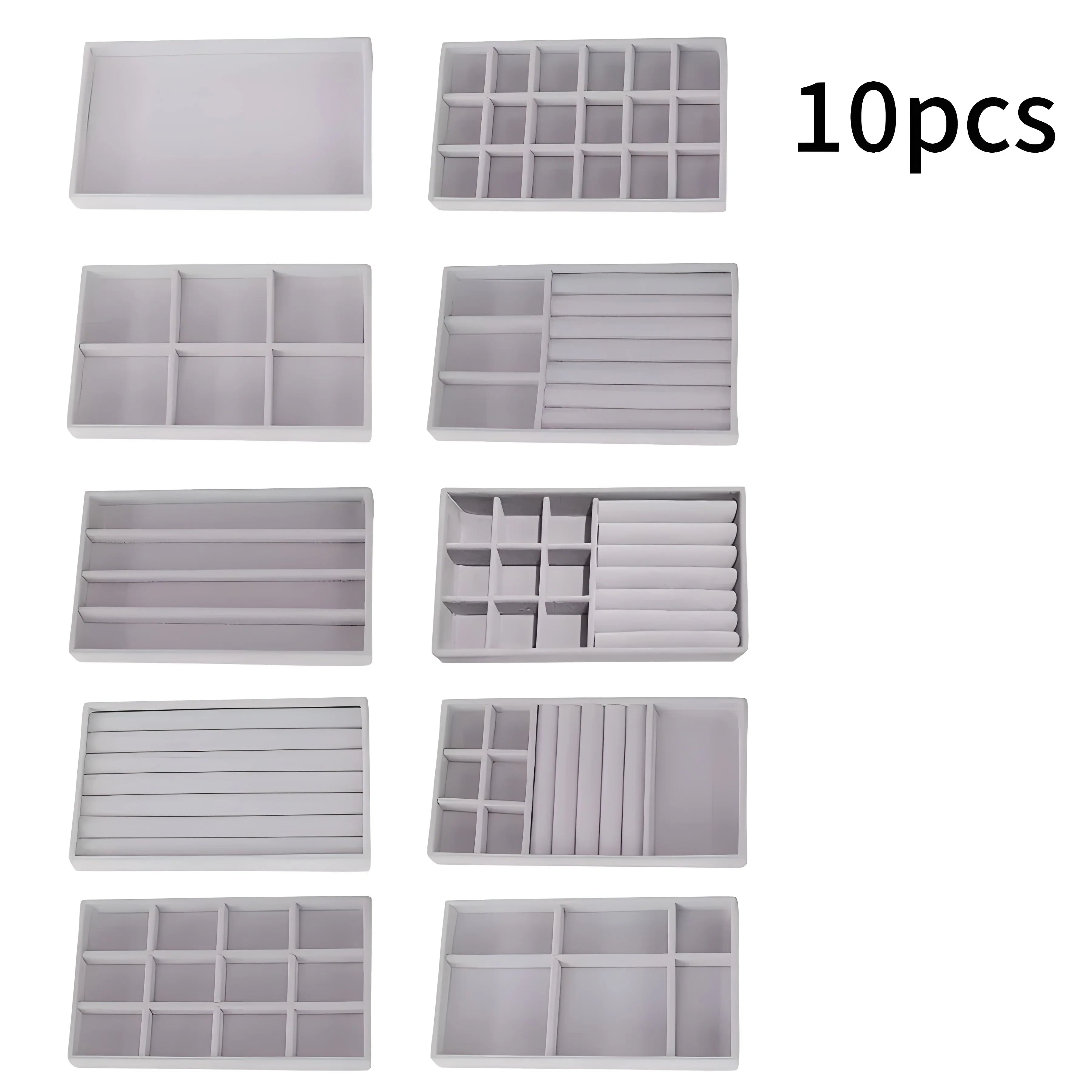 10pcs white jewelry organizer trays with compartments for rings, bracelets, and necklaces