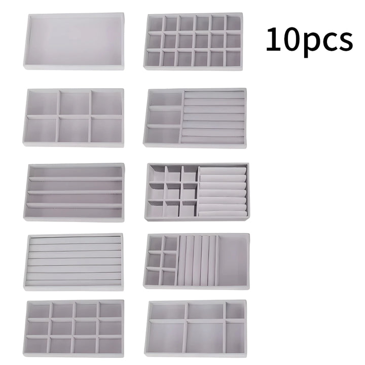 10pcs white jewelry organizer trays with compartments for rings, bracelets, and necklaces