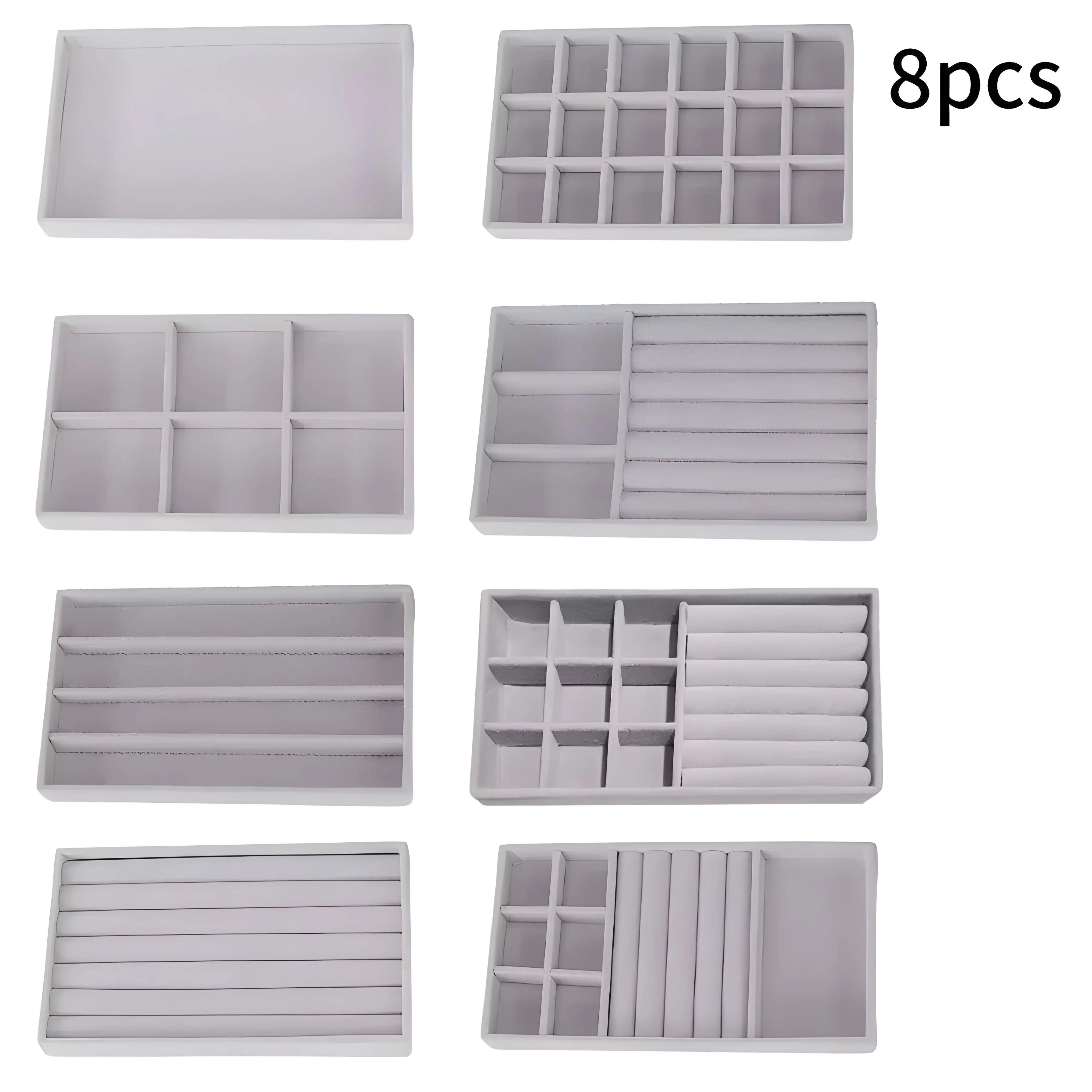 8pcs white velvet jewelry organizers with compartments for rings, bracelets, and necklaces
