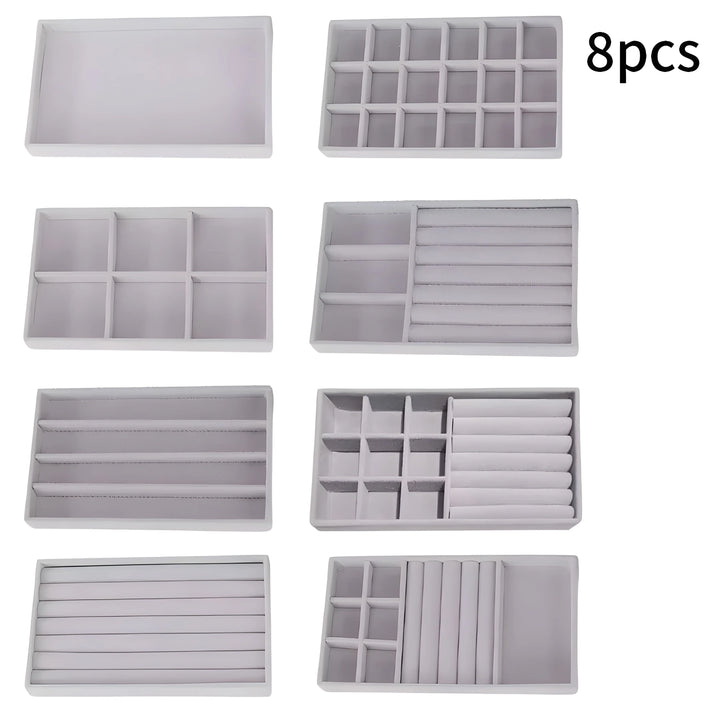 8pcs white velvet jewelry organizers with compartments for rings, bracelets, and necklaces