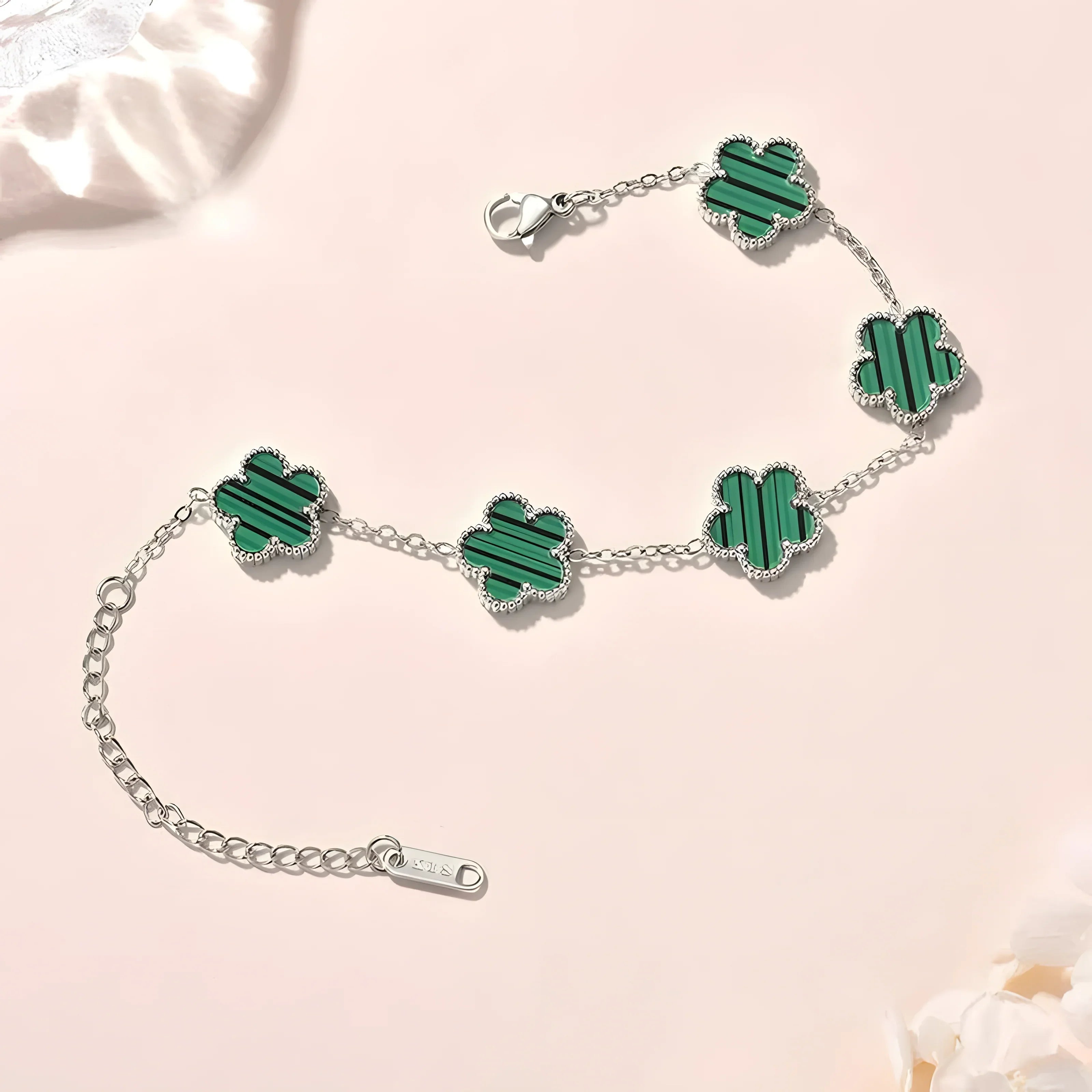 Green clover charm bracelet with silver chain, minimalist style, everyday wear