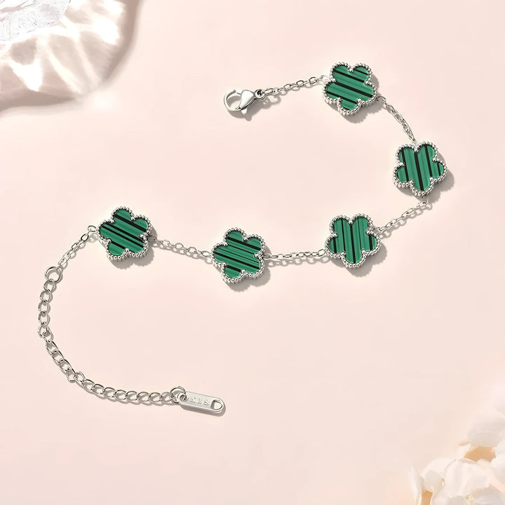 Green clover charm bracelet with silver chain, minimalist style, everyday wear