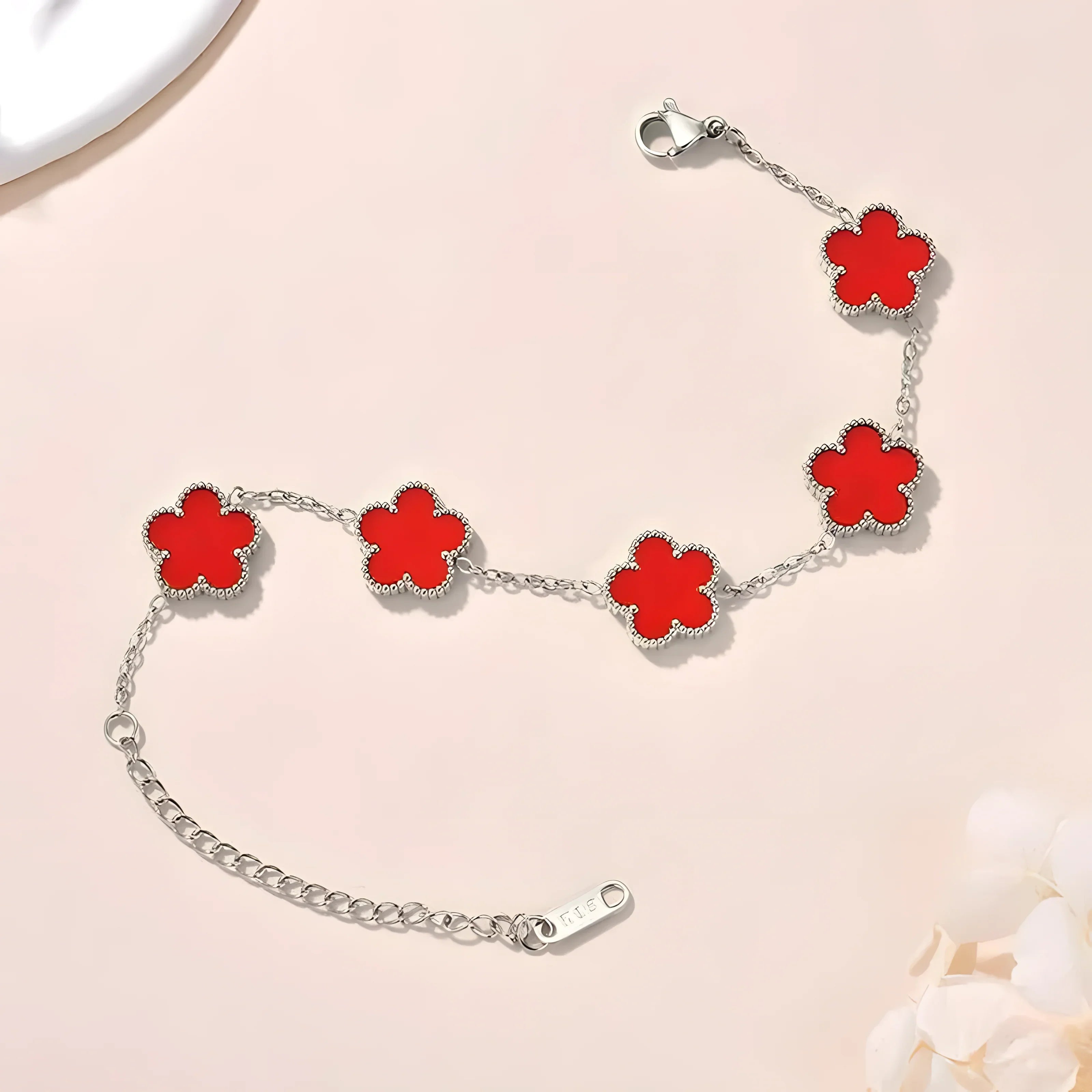 Red clover charm bracelet, silver tone, minimalist style, everyday jewelry