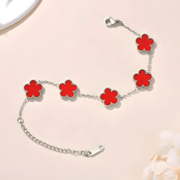 Red clover charm bracelet, silver tone, minimalist style, everyday jewelry