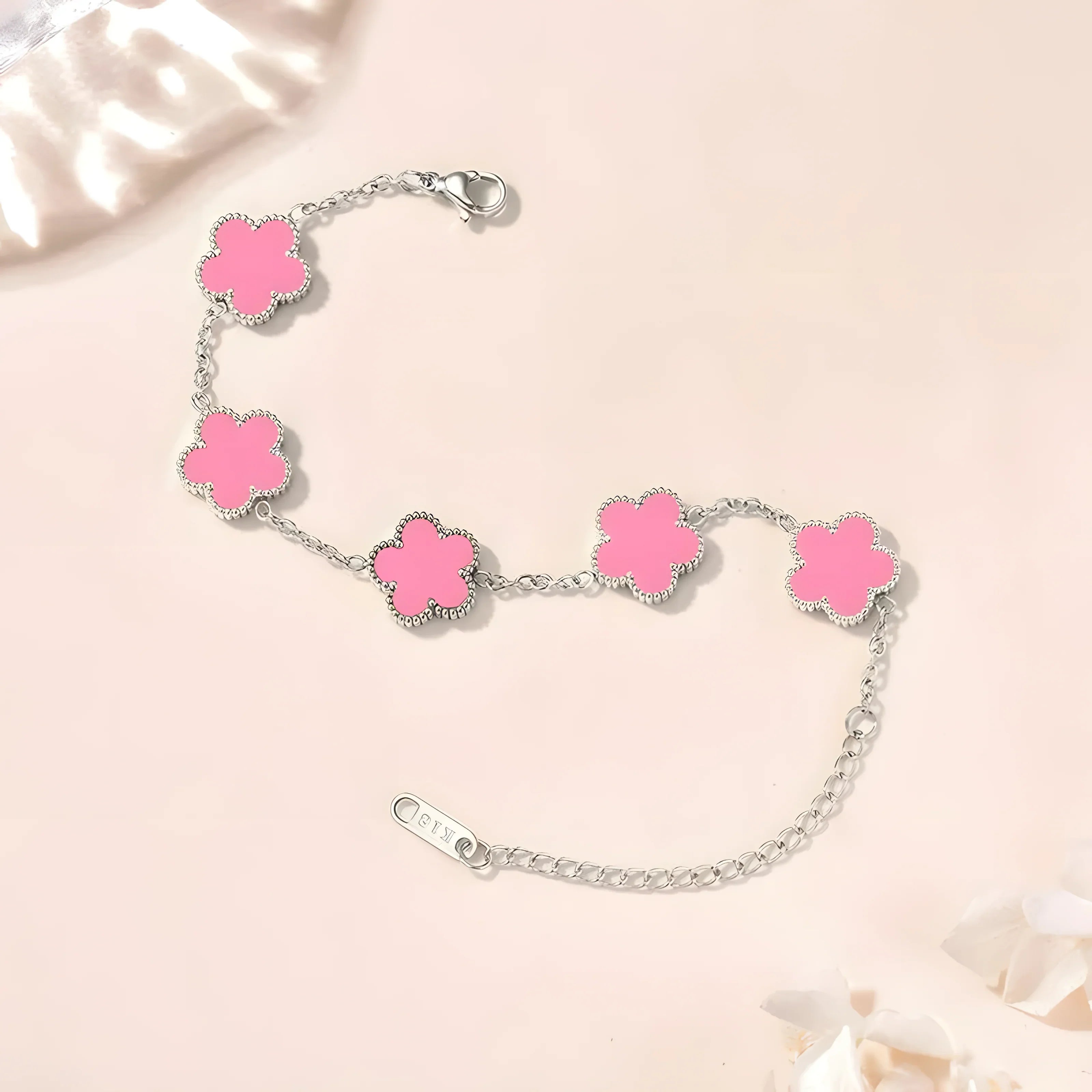 Pink enamel flower charm bracelet, silver tone, minimalist style, everyday wear