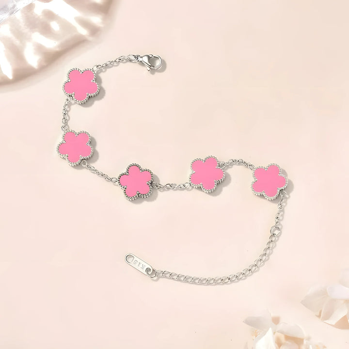 Pink enamel flower charm bracelet, silver tone, minimalist style, everyday wear