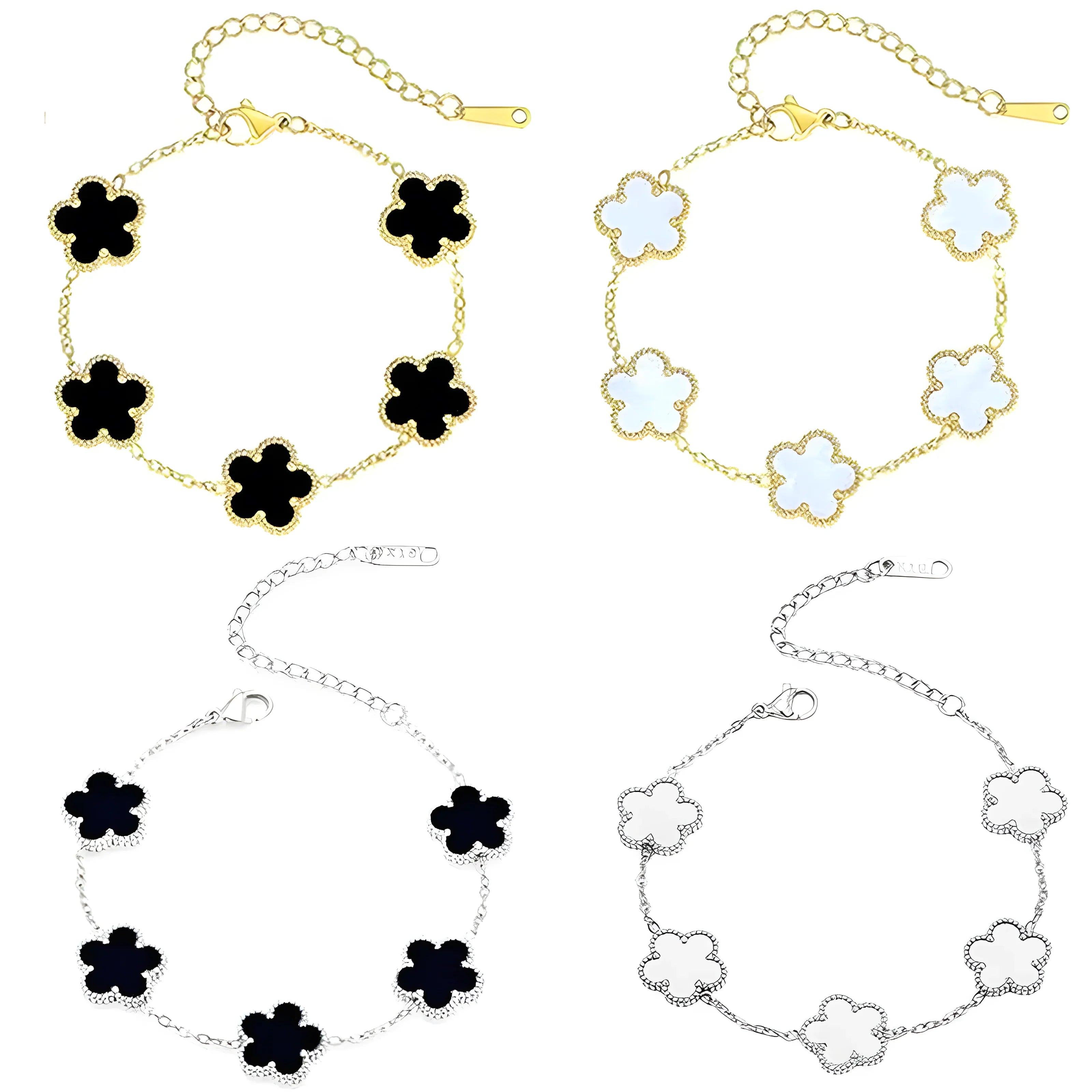 Four-leaf clover bracelet in gold and silver tones with black, white, and mother-of-pearl enamel, minimalist style