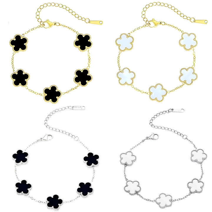 Four-leaf clover bracelet in gold and silver tones with black, white, and mother-of-pearl enamel, minimalist style