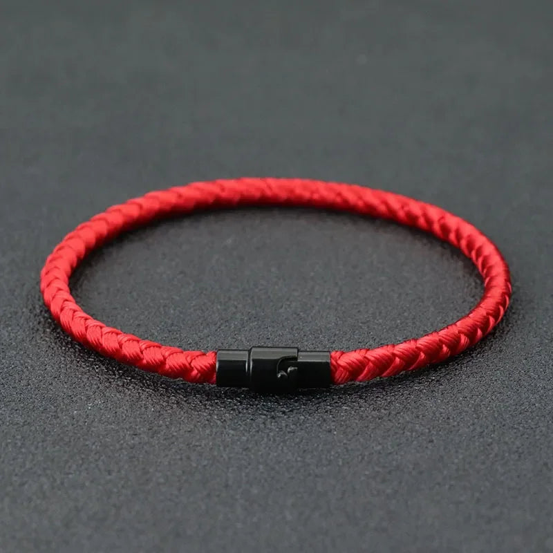 Lucky Thread Bracelet red braided cord bracelet with black metal clasp, minimal style jewelry