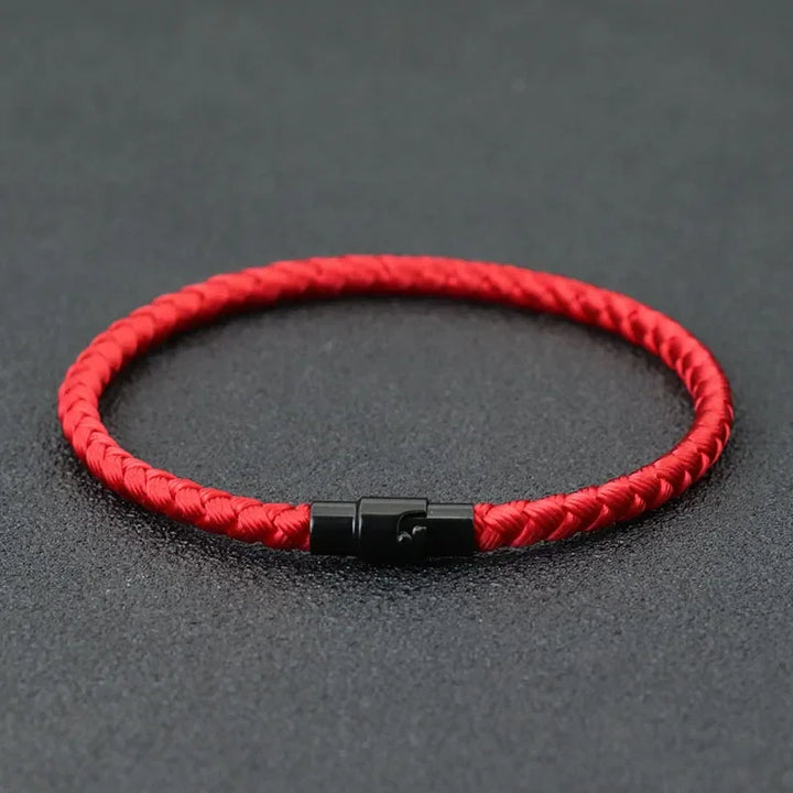 Lucky Thread Bracelet red braided cord bracelet with black metal clasp, minimal style jewelry