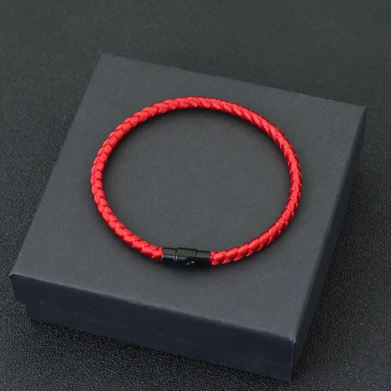 Lucky Thread Bracelet red braided cord minimalist jewelry with black clasp on gift box