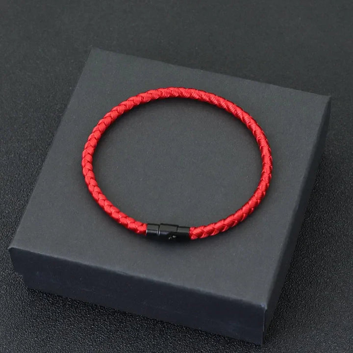 Lucky Thread Bracelet red braided cord minimalist jewelry with black clasp on gift box