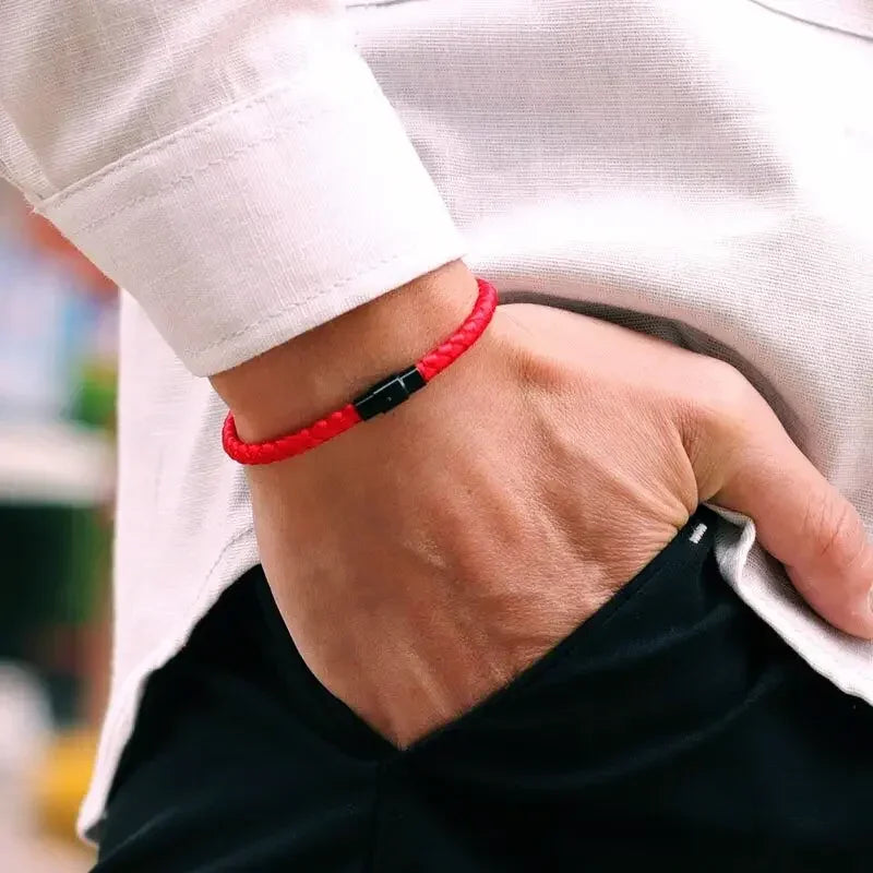 Lucky Thread Bracelet red minimalist jewelry with black clasp, braided cord style