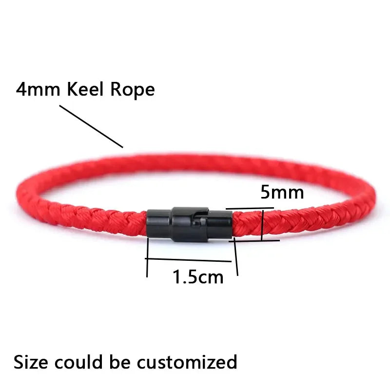 Lucky Thread Bracelet, red braided rope jewelry with black metal clasp, minimalist style