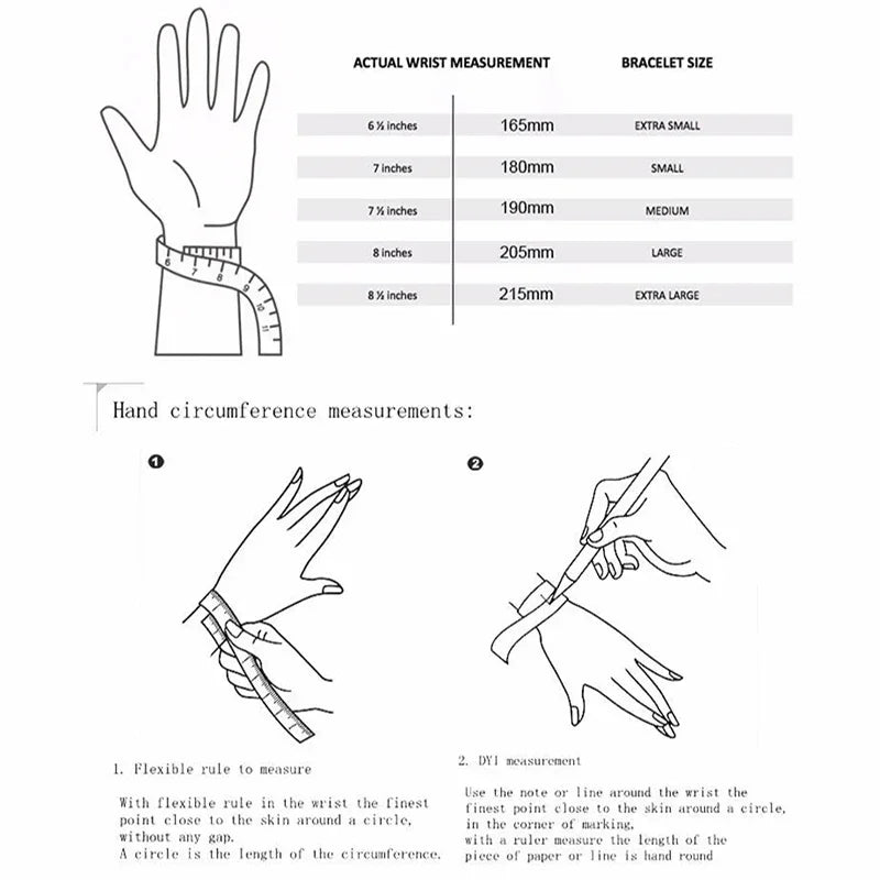 Wrist measurement guide showing how to size bracelets using a tape measure and sizing chart.
