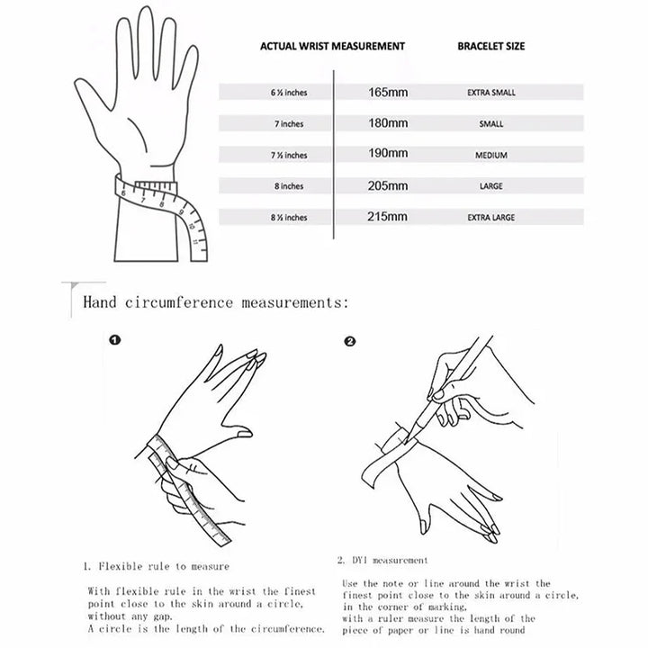Wrist measurement guide showing how to size bracelets using a tape measure and sizing chart.