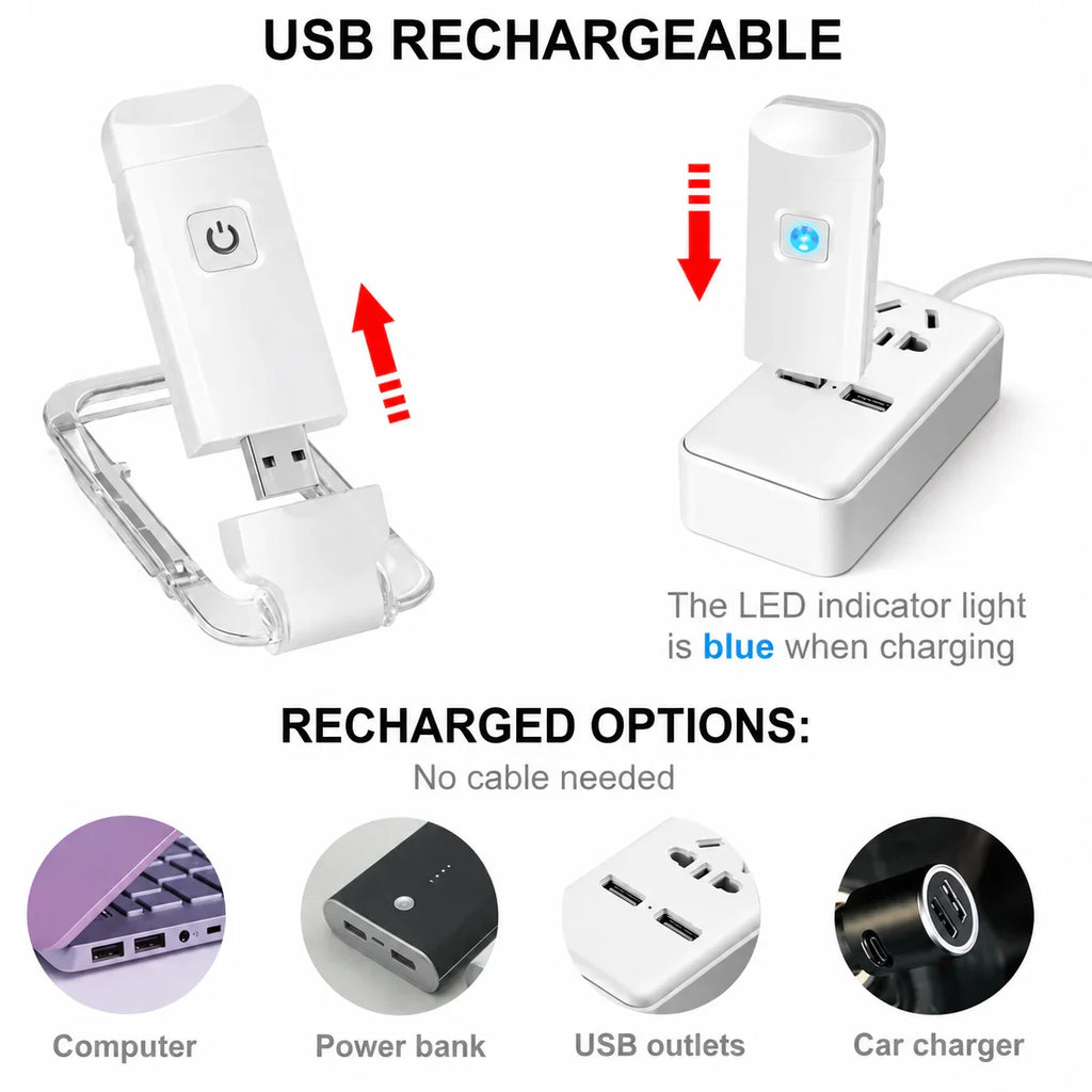 White USB rechargeable device with blue LED indicator, charges via computer, power bank, USB outlet, or car charger