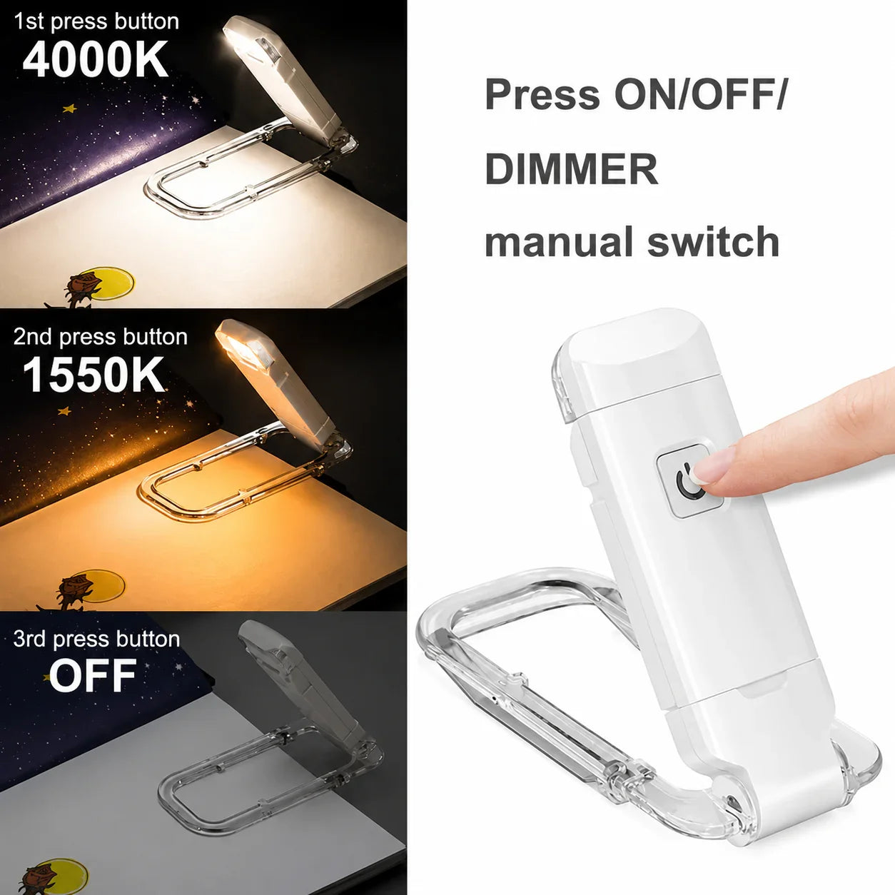 White clip-on LED book light with dimmer switch, adjustable 4000K to 1550K warm light for reading